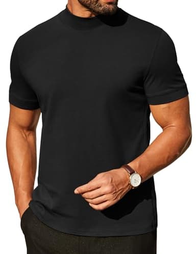 COOFANDY Mock Turtleneck for Men Heavy Weight Cotton Short Sleeve Mock Neck Shirt Dress Casual Stretch T-Shirts Basic Regular Shirt Tops Black