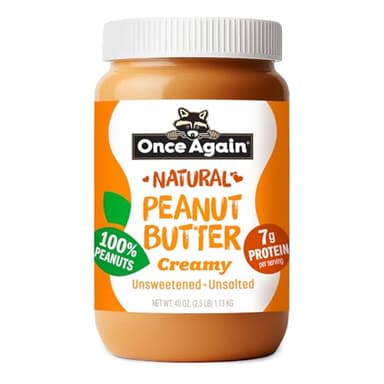 Once Again Creamy Natural Peanut Butter, No Salt or Sugar Added - Large 2.5 Pound Jar - Single Ingredient, Unsalted, Sugar Free Peanut Butter, No Palm Oil - Smooth and Unsweetened - 1 Jar (40 oz)