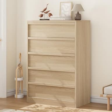 GarveeHome 5 Drawer Dresser for Bedroom, Modern 5 Chest of Drawers Tall with Large Drawers Storage, Wooden Dresser Organizer for Living Room, Nursery, Entryway - Natural