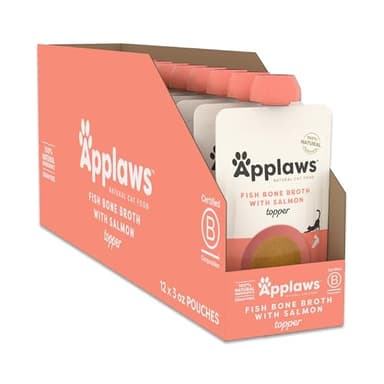 Applaws Natural Wet Cat Food in Topper, Limited and Natural Ingredients, High Protein with No Artificial Additives, Fish Bone Broth with Salmon (12 x 3oz Resealable Spout Pouches)