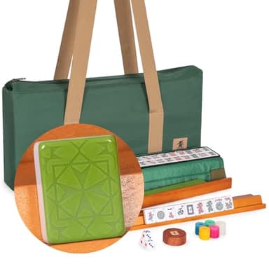 Yellow Mountain Imports American Mahjong Set, "Verdant Santorini” - 166 Tiles with Green Soft Case, Wooden Racks with Pushers, Scoring Coins, Dice, and Wind Indicator