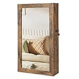 SONGMICS Lockable Jewelry Cabinet Armoire with Mirror, Wall-Mounted Space Saving Jewelry Storage Organizer, Rustic Brown UJJC051K01