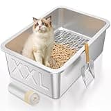 XXL Stainless Steel Sifting Litter Box for Big Cats,Metal Sifting Cat Litter Box for Wood Pine Pellets,Extra Large Sifter Litter Pan System,Odor Control,Easy to Clean,with Liners and Metal Scoop