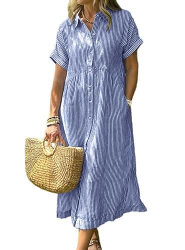 chouyatou Women's Summer Striped Midi Long Shirt Dress Casual Loose Short Sleeve Button Down Dress (Medium, Blue)