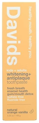 Davids Fluoride Free Kids & Adults Toothpaste, Teeth Whitening, Antiplaque, SLS (Sulfate) Free, Promotes Enamel Health, Mouth & Gum Detox, Natural Orange Vanilla, 5.25oz