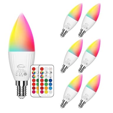 E12 LED Candelabra Light Bulbs 5W, Set of 6 Color Changing Candle Bulbs,Small Base B11 40W Incandescent Equivalent, 560 Lumen, RGB + 2700K Warm White, 12 Colors, 2 Modes, Timer, Remote Control