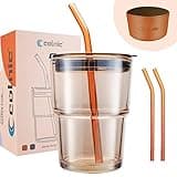 Iced Coffee Cup, 15 oz Glass Cups With Lids And Straws, Iced Coffee Glasses Tumbler, Thick Wall Glass Mug For Tea Water Soda With 2 Glass Straw And Leather Sleeve, Glass Tumbler Gifts