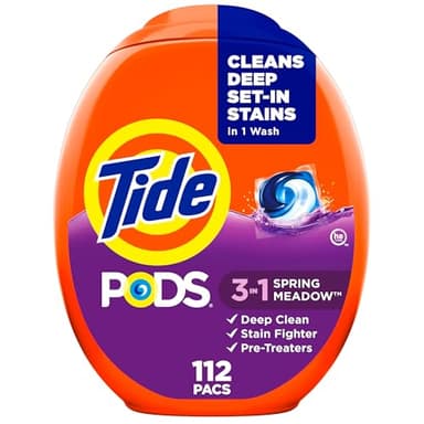 Tide PODS laundry detergent pacs, 3-in-1 Stain Remover, Odor Fighter, Color Protector, 112 Count, HE compatible, Spring Meadow Scent