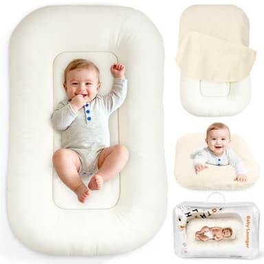 Idudbid Baby Lounger & Snuggle Nest for Newborn 0-24 Months, Baby Nest Supervised Breathable Cotton for Newborn, Breathable Portable Infant Lounnger for Travel and Home, White (Lounger Cover Included