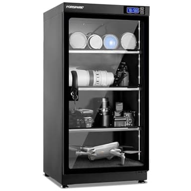 FORSPARK 100L Large Camera Dehumidifier Dry Cabinet, Quiet Humidity Control Storage with Lock & 3 Adjustable Shelves for DSLR, Lenses, Drones, Electronics - 8W Energy Efficient, Black