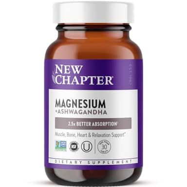 New Chapter Magnesium + Ashwagandha Supplement, 325 mg with Magnesium Glycinate for Muscle Relaxation & Recovery, Heart, Nerve & Bone Health, 2.5X Absorption, Non-GMO - 30 ct (1 Month Supply)