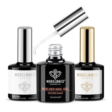 modelones Builder Nail Gel with Gel Top Coat, 3Pcs Clear Builder Nail Kit for Thickening Apex Building Extension Rhinestone Gel Tips Glue, U/V LED Lamp Cured for Home DIY Salon Girls
