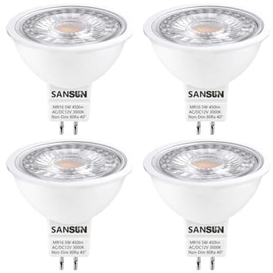 SANSUN 5W MR16 LED Landscape Light Bulbs, Low Voltage 12V Outdoor Landscape Spotlight and Indoor Track Light, GU5.3 Bi-Pin Base, Soft White 3000K, Non-Dimmable, (Pack of 4)