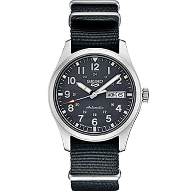 SEIKO SRPG31 Watch for Men - 5 Sports - Automatic with Manual Winding Movement, Blue-Gray Dial, Stainless Steel Case, Blue-Gray Nylon Strap, 100m Water Resistant, and Day/Date Display