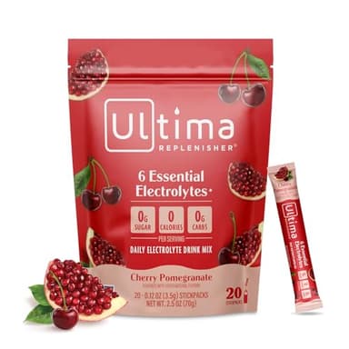 Ultima Replenisher Daily Electrolyte Powder – Cherry Pomegranate, 20 Stickpacks – Zero Sugar Hydration Packets with 6 Electrolytes and Minerals – Sugar Free, Plant Based & Keto Friendly Drink Mix