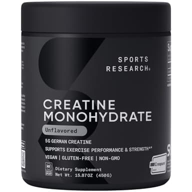 Sports Research® Creatine Monohydrate Powder w/Creapure® - Gain Lean Muscle, Improve Performance, & Support Workout Recovery* - 5g German Creatine · NSF Sport · Easy Mixing - 90 Servings (Unflavored)