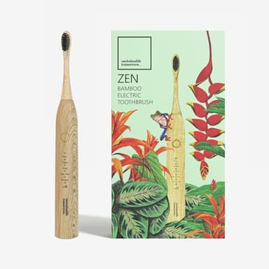 Sustainable Tomorrow Zen Bamboo Electric Toothbrush, Durable Wood-Grain ABS Handle, Rechargeable w/Plant-Based Soft Bristles, Bamboo Heads, 5 Modes & 30-Day Battery
