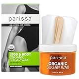 Parissa Legs & Body Organic Sugar Wax for Sensitive Skin, 100% Natural, Gentle & Washable Formula at Home Waxing Kit, Green, 8 Fl Oz