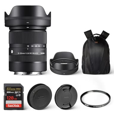 Sigma 18-50mm F2.8 DC DN Contemporary Lens for Sony E-Mount with Tiffen 55mm UV Protector Filter, SanDisk 128GB Extreme PRO UHS-I SDXC Memory Card and Waith Camera Backpack (Bundle Set)