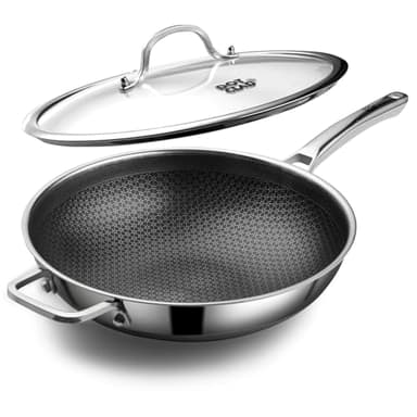DOTCLAD Wok pan,Hybrid 12 inch Wok with Lid, PFOA Free Cookware,non stick Stainless Steel Woks & Stir-fry pans Nonstick, Dishwasher and Oven Safe, Works on Induction