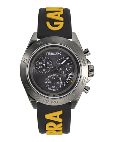 Ferragamo Ferragamo Urban Chrono Collection Luxury Mens Watch Timepieces with a Black Strap and Dial Featuring a Gun Case