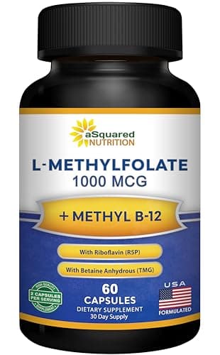 aSquared Nutrition L Methylfolate Plus Methyl B12 - Methylated Folate Supplement for Women & Men - 5-MTHF (Active Vitamin B9) 1000 mcg & B-12 1mg - B Complex - 60 Capsules