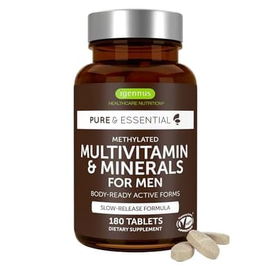 Igennus Methylated Men's Multivitamin with 22 Actives, All-Day Nutrient Delivery, Pure & Clean, Methylfolate & Methylcobalamin, High Strength MTHFR Supplement, Non-GMO & Halal, 180 Tablets