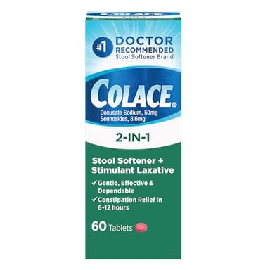 Colace 2-in-1 Stool Softener Plus Stimulant Laxative Tablets, 60 Count (Pack of 1), Gentle Constipation Relief, Docusate Sodium Plus Sennosides