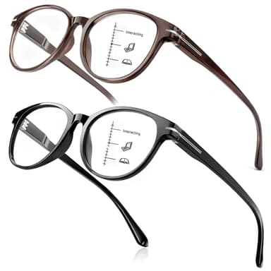 SKYOLUY 2 PCS Distinctive Progressive Multifocus Reading Glasses Women, Retro Round Frame Anti Blue Light/Eye Fatigue Computer Readers, Vintage Lady No-Line Multifocal Eyeglasses (Black&Brown, 2.5x)