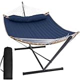 SUNCREAT Portable Outdoor Hammock with Stand, Heavy Duty Hammock with Carrying Bag, Soft Pillow, Balance Ropes, Dark Blue