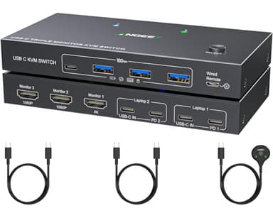USB C KVM Switch 3 Monitors 2 Computers 4K/1080P@60Hz,USB-C Triple Monitor KVM Switches with 4 USB3.2 Ports Keyboard Mouse,10Gbps,80W PD Charging,For Windows and Mac OS,Driver Installation is Required