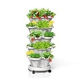 Tectsia Strawberry Vertical Planters 5 Tiered, Stacking Tower Garden, Stackable Herb Vegetable Planters with Movable Casters and Bottom Saucer Indoor and Outdoor - White