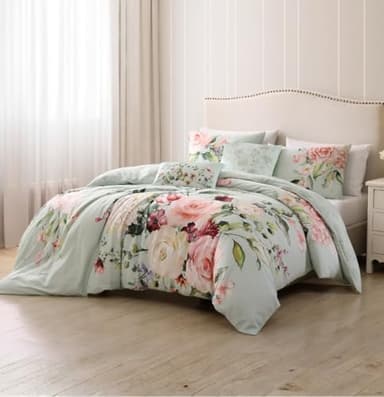 Bebejan Rose on Misty Green 5 Piece Reversible Comforter Set, 100% Cotton Sateen, 200 Thread Count, Floral Bedding Comforter Set, 1 Comforter, 2 Shams & 2 Pillows (Full/Queen)