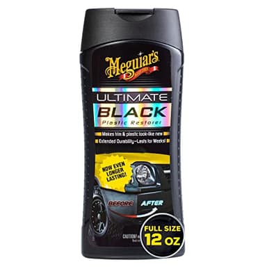 Meguiar's Ultimate Black Plastic Restorer, Durable Car Restorer for Faded Black Plastic, Vinyl, and Rubber, Restores Deep Color and Shine, for Car Guys, 12 Oz