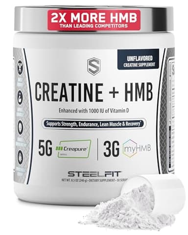 SteelFit Creatine HMB Powder - 5g Creapure Creatine Monohydrate Powder, 3g myHMB & 1000 IU Vitamin D - Workout Supplement Supports Muscle Growth, Strength, Recovery & Energy - Unflavored, 30 Servings