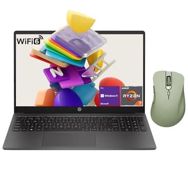 HP 255 G10 Professional Business Laptop, AMD Ryzen 7 7730U, 15.6" FHD IPS Display, 64GB RAM, 1TB SSD, HDMI, Wi-Fi 6, Webcam, Windows 11 Pro, Black, with Thunderobot ML101 Green Wireless Mouse