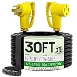 POWGRN 50 Amp RV/EV Extension Cord 30 FT Outdoor with Grip Handle, Flexible Heavy Duty 6/3+8/1 Gauge STW 4 Prong RV Power Cord Waterproof with Cord Organizer, NEMA 14-50P to 14-50R, Black-Yellow, ETL