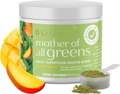 Boobie Super Greens Powder for Pregnancy & Breastfeeding Moms | Daily Greens with 35+ Nutrients for Prenatal, Postpartum & Family Nutrition | Vegan, Gluten Free, Sugar Free | Mango Breeze, 30 Svgs