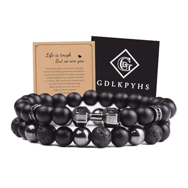 GDLKPYHS Black Obsidian Bracelets for Men- Dumbbell Bracelet - Tourmaline Beaded Bracelets, 8MM Black Onyx Hematite Lava Stone Beads Triple Protection Bracelet for Men Women Gifts
