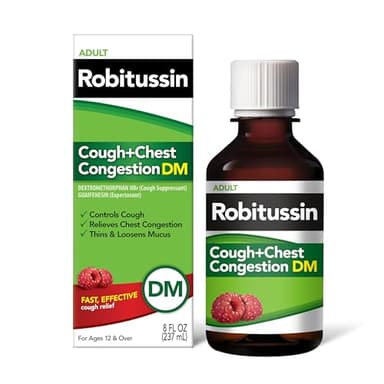 Robitussin Cough and Chest Congestion DM, Cough Suppressant and Expectorant, Raspberry Flavor - 8 Fl Oz Bottle