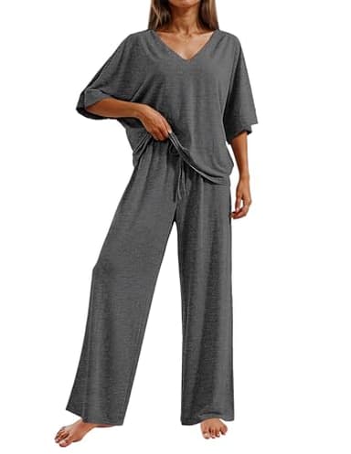 Ekouaer Lounge Sets for Women Casual Short Sleeve Pullover Tops Long Pants Set Summer Cozy Pajamas Travel Outfits,Dark Grey,L