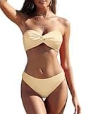 ZAFUL Women's Strapless Twist Bandeau Bikini 2 Piece Swimwear Cheeky Solid Lace up Bathing Suits(1-Apricot,S)