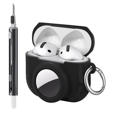 Seltureone Compatible with AirPods 4 and AirTag 2 in 1 Case, Soft Silicone Protective Case Cover Compatible with AirPods 4th Generation with Cleaning Kit & Carabiner - Black
