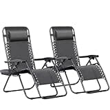 Greesum Zero Gravity Chairs Set of 2 Adjustable Steel Mesh Recliners Beach Deck Lawn Camping Patio Foldable Lounge Chair with Cup Holder Trays and Pillows,Dark Black