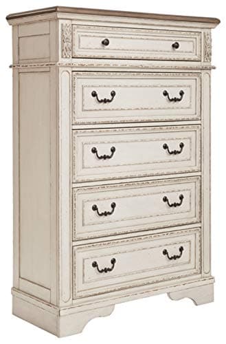 Signature Design by Ashley Realyn French Country 5 Drawer Chest, Tipover Restraint Device, 2-tone Finish, Wood, 40.13" W x 18.13" D x 58.13" H, Chipped White