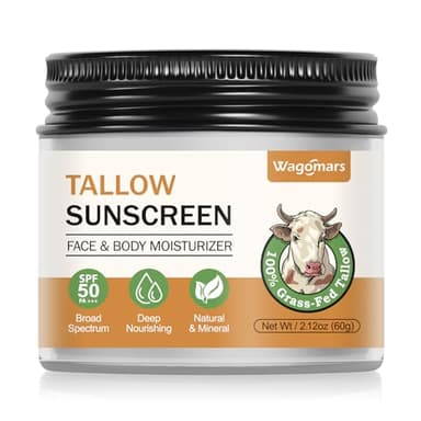 Wagomars Beef Tallow Sunscreen SPF 50 - Mineral Sunscreen with Zinc Oxide - Non-Toxic Natural Sunblock for Face & Body - Water Resistant, Reef Safe, Moisturizing for Dry and Sensitive Skin
