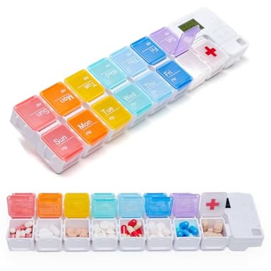Medication Dispenser with Alarm, 7-Day Pill Organizer with 15 Individual Compartments & 4 Alarms, Loud Reminder for Elderly, Students & Workers, Large Screen, Moisture-Proof Travel Pill Box