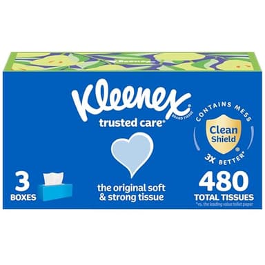Kleenex Trusted Care Facial Tissues, 3 Flat Boxes, 160 Tissues per Box, 2-Ply (480 Total), Packaging May Vary