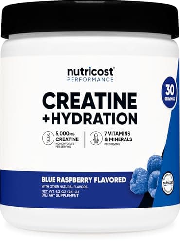 Nutricost Creatine Monohydrate + Hydration Blue Raspberry Flavored (30 Servings) - 7 Vitamins & Minerals, 5000mg of Creatine Per Serving