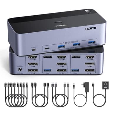 UGREEN 8K@60Hz HDMI Displayport KVM Switch 3 Monitors 2 Computers, Aluminum 4K@240Hz with 4 USB 3.0 Ports for 2 Computers Share Triple Monitors with 4 DP+2 HDMI+2 USB Cables/Power Adapter/Controller